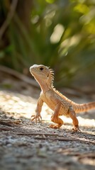 A small, light brown lizard with a long tail and spiky crest on its head is standing on a sandy surface, looking upwards.