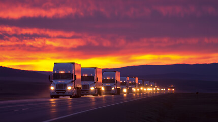 Trucks on Highway at Dusk with Colorful Sky and Warm Glow