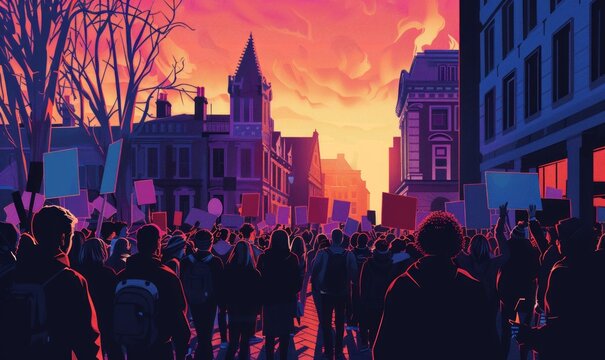 Dynamic scene of students protesting for affordable education, promoting equal access to opportunity.