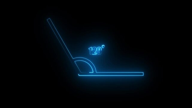 Glowing neon geometric math graph with an angle measure of 120 degree icon. Icon of 120 degree. Acute angle.