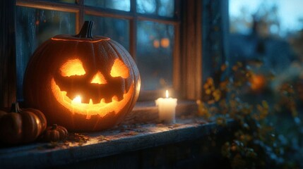 Fototapeta premium A glowing jack-o'-lantern on a windowsill, creating a cozy Halloween vibe.