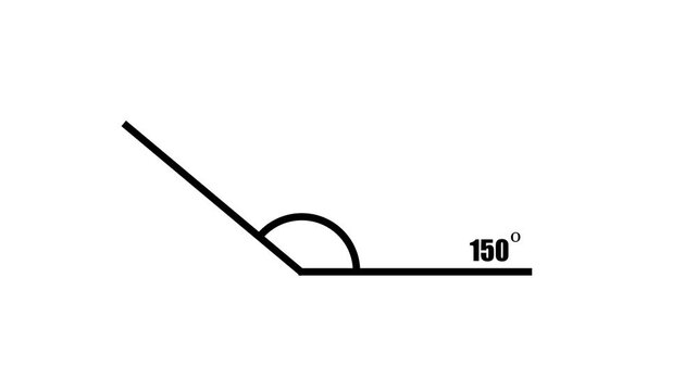 Geometric math graph with an angle measure of 150 degree icon. Icon of 150 degree. Acute angle.