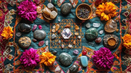 Harmonious crystal grid on sacred geometry cloth with stones