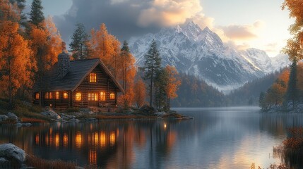 Obraz premium Serene autumn landscape with a cozy cabin by a tranquil lake.