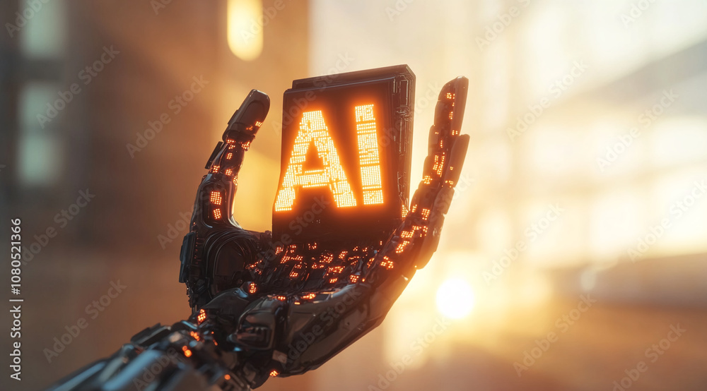 Aufkleber a robotic hand holds a glowing cube with the letters ai in a futuristic setting