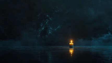 Obraz premium A single candle glows in a dark, reflective space, casting a warm light against a mysterious backdrop with hints of blue.