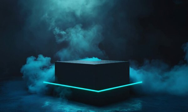 Black square podium with neon lights surrounded by smoke on a dark background