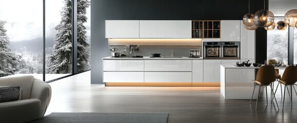 Modern Kitchen with White Cabinets, Island, and Pendant Lights