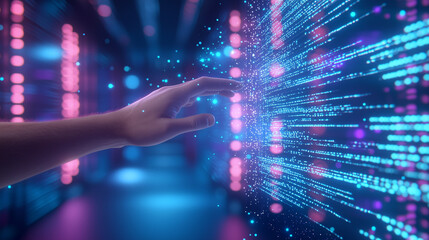 Man Reaching for Virtual Screen in Data Center