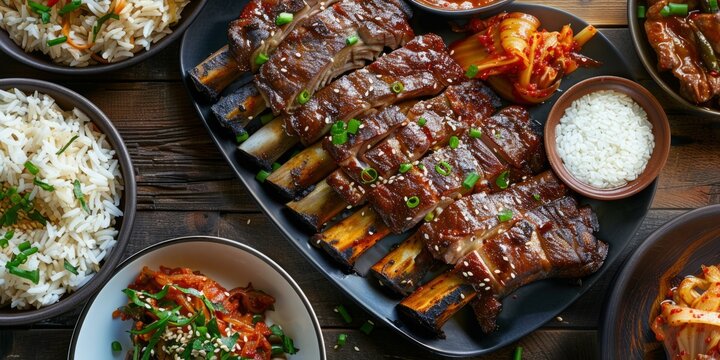 Plate of tender Korean galbi ribs with rice and kimchi on a festive table, 4K hyperrealistic photo.