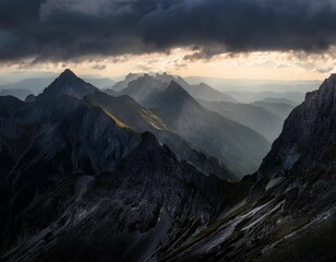 a breathtaking view of a dark mountain range with dramatic and moody lighting creating a powerful and mysterious scene