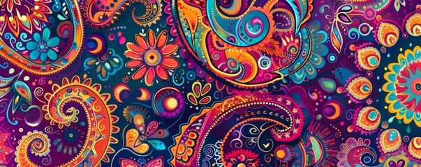 Lively paisley designs with bright complementary tones, 4K illustration.