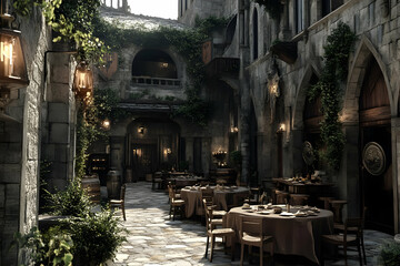 3D Medieval Tavern Courtyard Restaurant Illustration