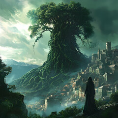 Illustration of Giant Tree Fantasy Landscape with Castle Town and Figure