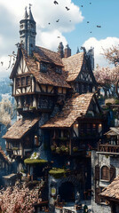 Obraz premium Illustration Medieval Town Fantasy Village Building Architecture