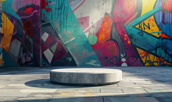 Empty short concrete pedestal against a street art mural. 4K close-up illustration. - Powered by Adobe