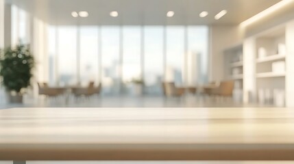 Fototapeta premium A modern, bright office space with a wooden table in the foreground and a spacious, airy atmosphere.
