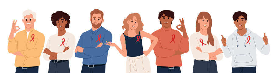 World AIDS Day and National HIV Awareness Month. Group portrait of men and women with red awareness ribbons. Vector illustration in flat style