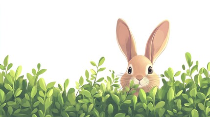 a 2D cartoon illustration of a rabbit hiding behind a bush, shy and cute, white background--ar 16:9
