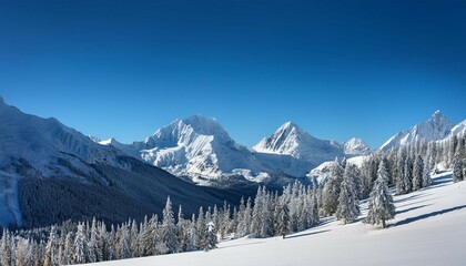 Naklejka premium vast snowy landscape with majestic mountains and frosted trees basking under a clear bright blue sky