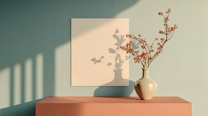 A minimalist interior scene featuring a vase with flowers, a blank canvas, and soft shadows.