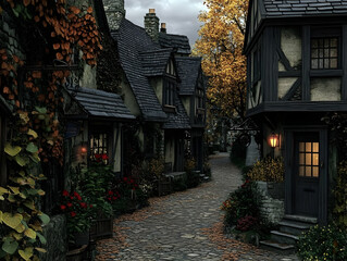 Fototapeta premium Illustration - Cozy Autumn Village Lane at Dusk