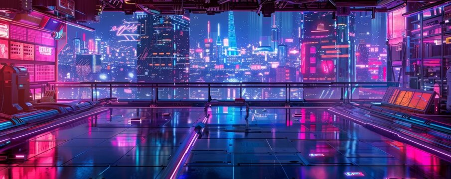 Cyberpunk rooftop with a view of a neon cityscape, 4K illustration. - Powered by Adobe