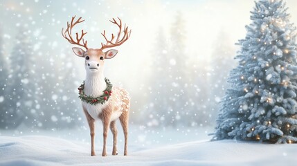 A festive 3D reindeer with a wreath around its neck, standing in front of a snowy Christmas tree, with space for text on the right