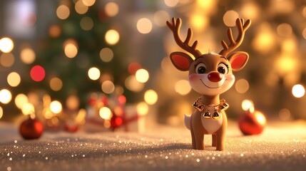 A cute 3D reindeer with bells on its antlers, with a glowing Christmas tree in the background, leaving space for a message