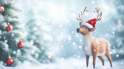 A 3D reindeer in a festive red hat, standing by a snowy Christmas tree, with space on the left for a message