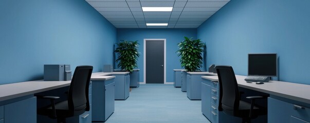 A modern office interior featuring blue walls, desks, chairs, and plants, creating a clean and organized workspace environment.