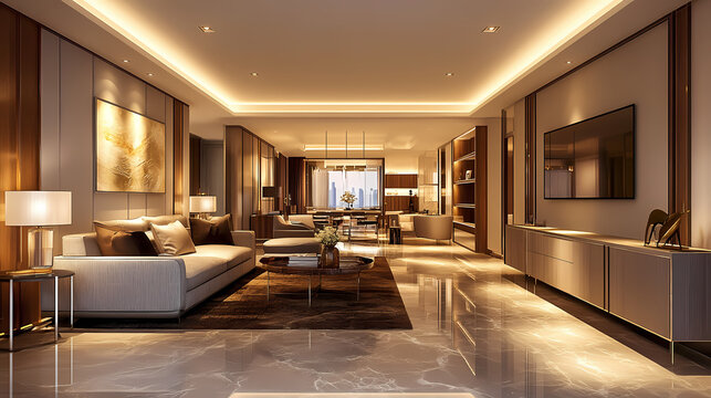 Sophisticated contemporary living space with sleek minimalist aesthetics and cinematic depth of field. Opulent. Illustration