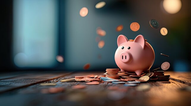 A charming piggy bank surrounded by scattered coins, symbolizing savings and financial growth in a warm, inviting setting.