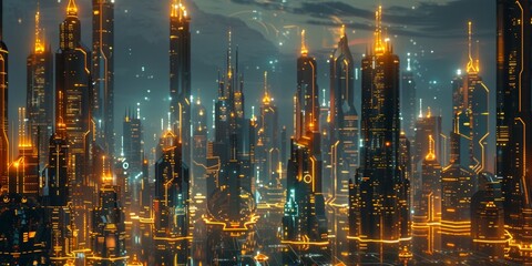 Fototapeta premium Sci-fi city skyline with gold and azure neon lights. Night scene with advanced skyscrapers. 3D Render.