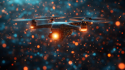 A drone with an AI camera flying in the air, displaying digital lines and futuristic interface.
