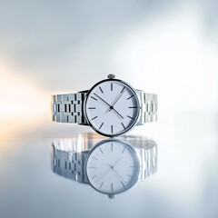 Minimalist watch on a reflective surface, backlit by soft white light, highlighting its sleek design, elegant and timeless