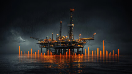 Obraz premium oil rig illuminated at night with dramatic lighting and rain