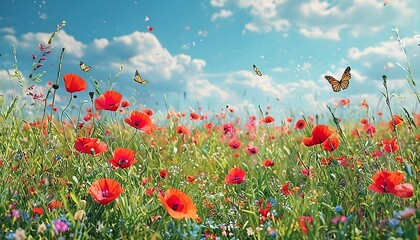 Obraz premium Lively Springtime Meadow with Red Poppies and Butterflies under a Clear Blue Sky