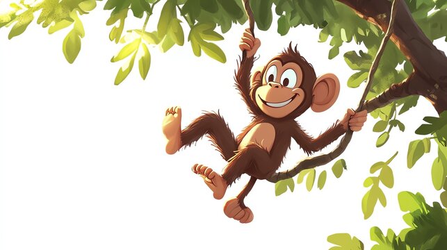a 2D cartoon illustration of a playful monkey swinging from a tree, active and fun, white background--ar 16:9