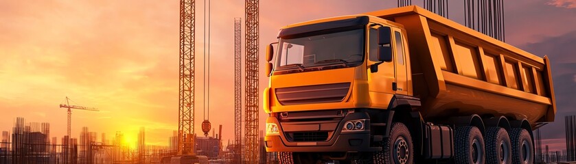 A vibrant yellow dump truck at sunset, surrounded by construction cranes, symbolizing industry and progress.