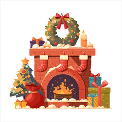 A brick fireplace decorated with a Christmas tree, a bag of gifts.