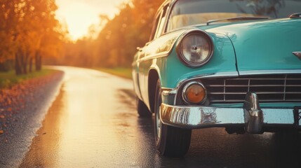 Vintage car on a reflective wet road, backlit by the setting sun, creating a nostalgic and cinematic effect