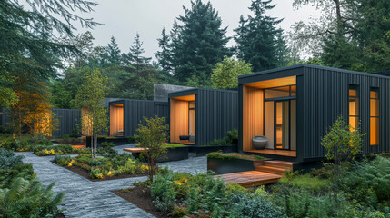 A row of modern, sustainable housing buildings with wooden cladding and dark grey metal facades, surrounded by green trees in the landscape design.