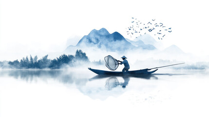 Blue watercolor painting of a fisherman throwing a net at lake sea