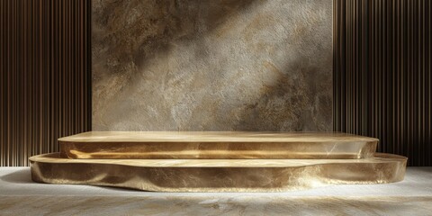 Textured sandstone podium with metallic accents, placed on a soft, woven fabric background, deep moody lighting creating an upscale, luxurious vibe, ultra-realistic high-quality render"