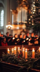 Lit candles and greenery in the foreground, a choir singing in the background, and a Christmas tree with lights in the distance, creating a festive and celebratory atmosphere within a church.