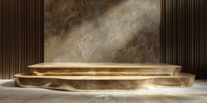 Textured sandstone podium with metallic accents, placed on a soft, woven fabric background, deep moody lighting creating an upscale, luxurious vibe, ultra-realistic high-quality render"