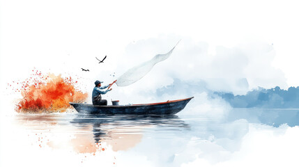 Fototapeta premium Colorful watercolor painting of a fisherman throwing a net at lake sea