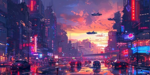 Obraz premium Cyberpunk cityscape with neon lights and flying cars, comic art style, 4K illustration