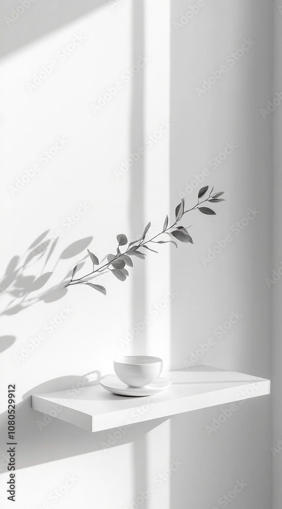Poster a single branch of leaves rests on a white shelf, bathed in the soft light of a window. the sunlight